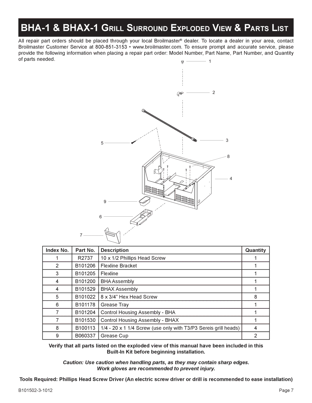 Broilmaster BSA-1, BRB-1, BDA-1, BBA-1 owner manual BHA-1 & BHAX-1 Grill Surround Exploded View & Parts List 