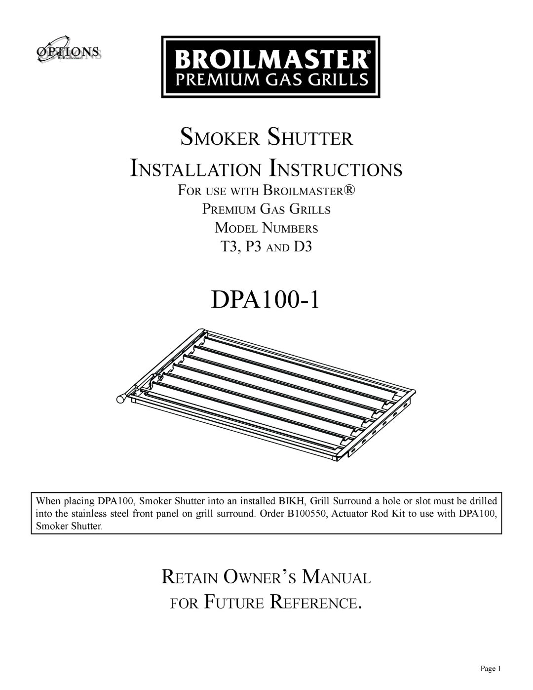 Broilmaster T3, D3 installation instructions DPA100-1 