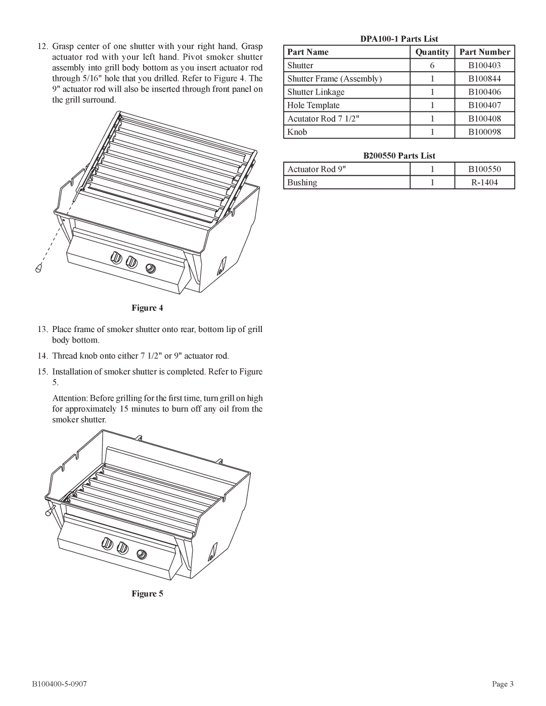 Broilmaster T3, D3 installation instructions DPA100-1 Parts List Part Name Quantity Part Number 