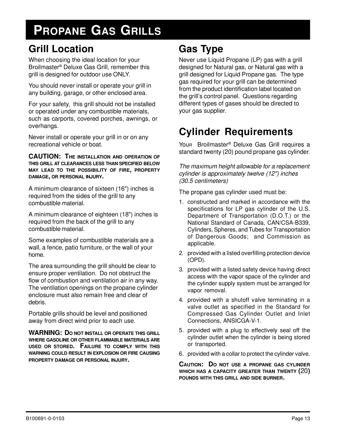 Broilmaster D3-1, D4-1 owner manual Propane GAS Grills, Grill Location, Gas Type, Cylinder Requirements 