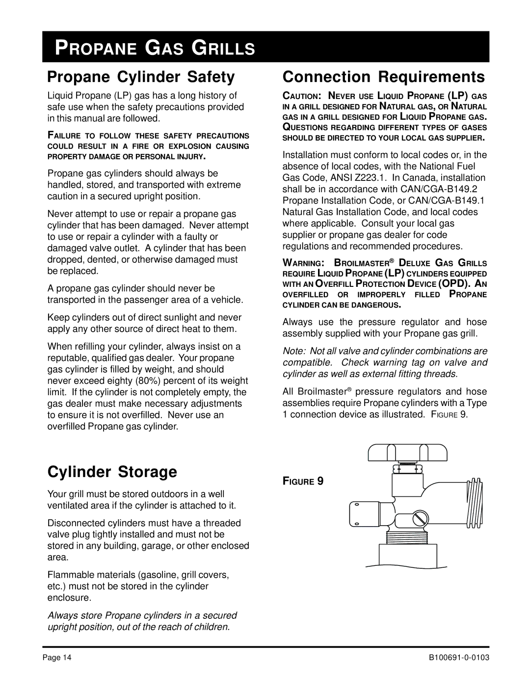 Broilmaster D4-1, D3-1 owner manual Propane Cylinder Safety, Cylinder Storage, Connection Requirements 