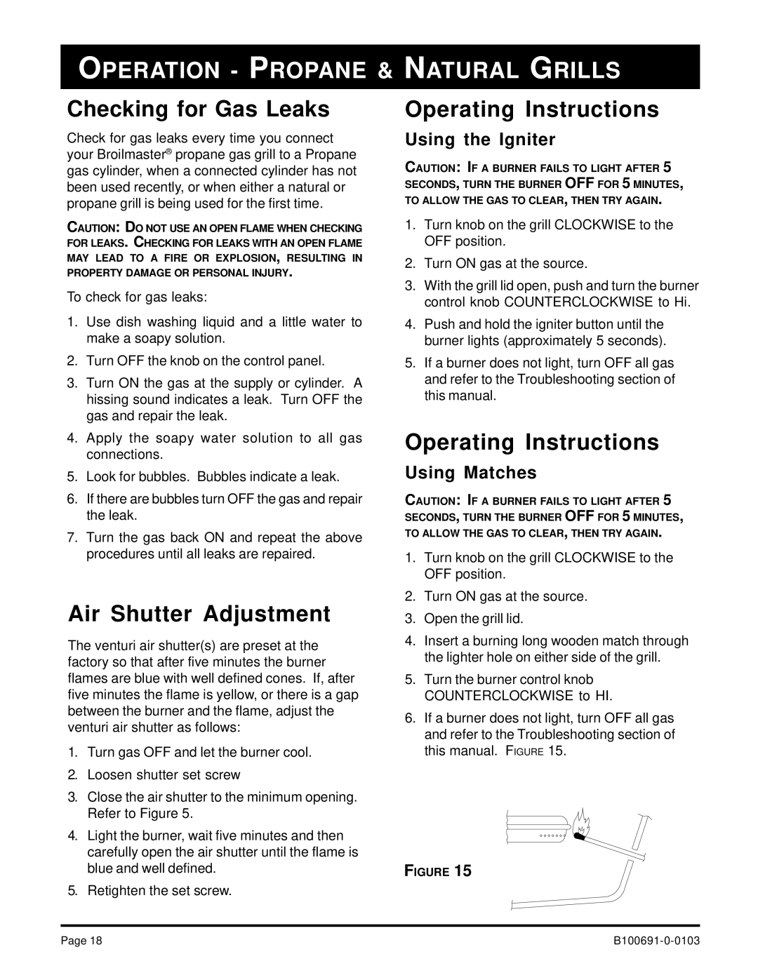 Broilmaster D4-1, D3-1 owner manual Operation Propane & Natural Grills, Checking for Gas Leaks, Air Shutter Adjustment 