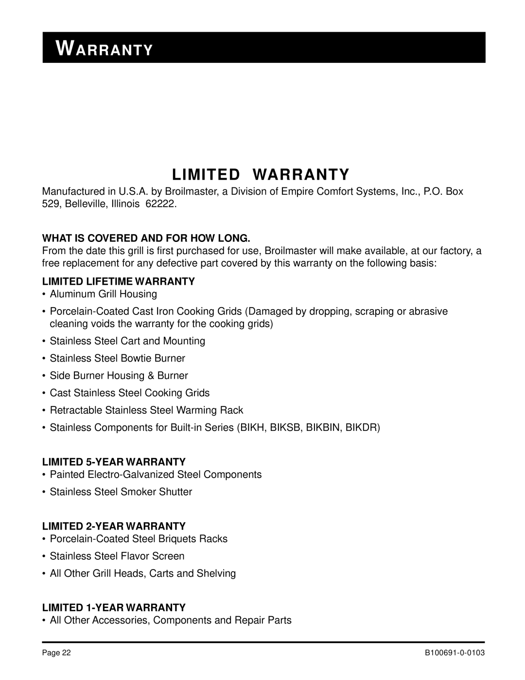 Broilmaster D4-1, D3-1 owner manual Limited Warranty 