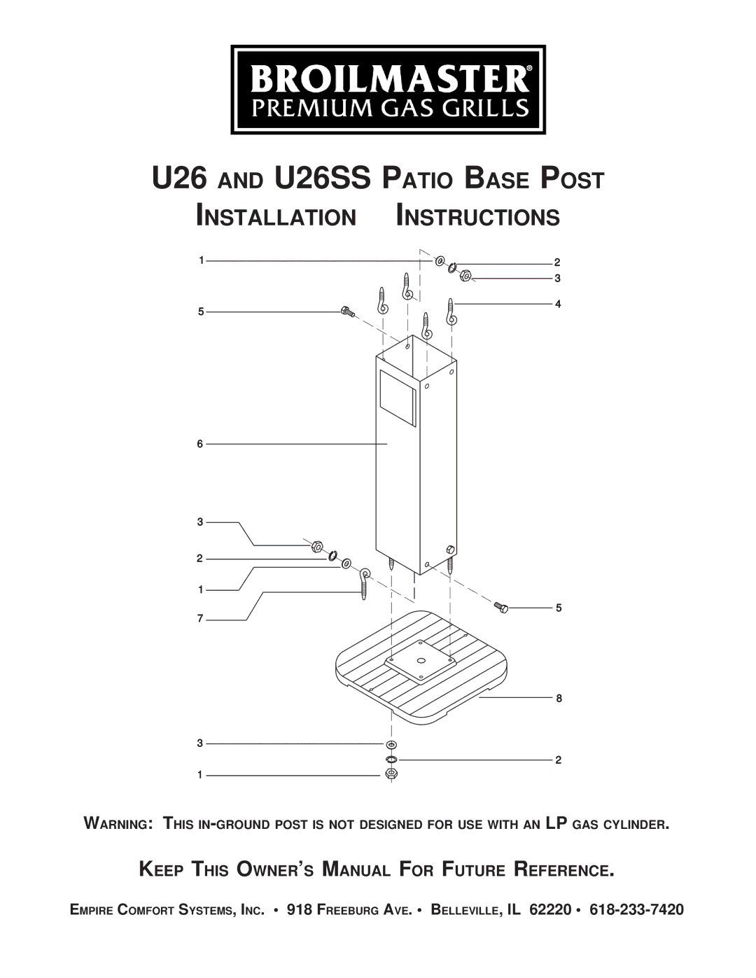 Broilmaster PB, DC, U48, PC, AND P48 owner manual U26 and U26SS Patio Base Post Installation Instructions 