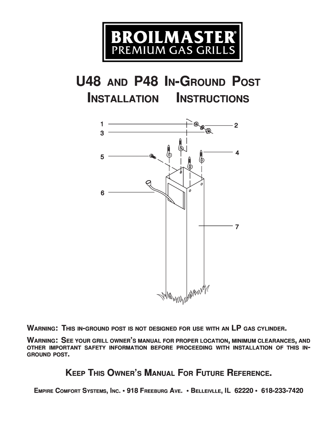 Broilmaster U26, DC, PB U48 AND P48 IN-GROUND POST INSTALLATION INSTRUCTIONS, Keep This Owner’S Manual For Future Reference 