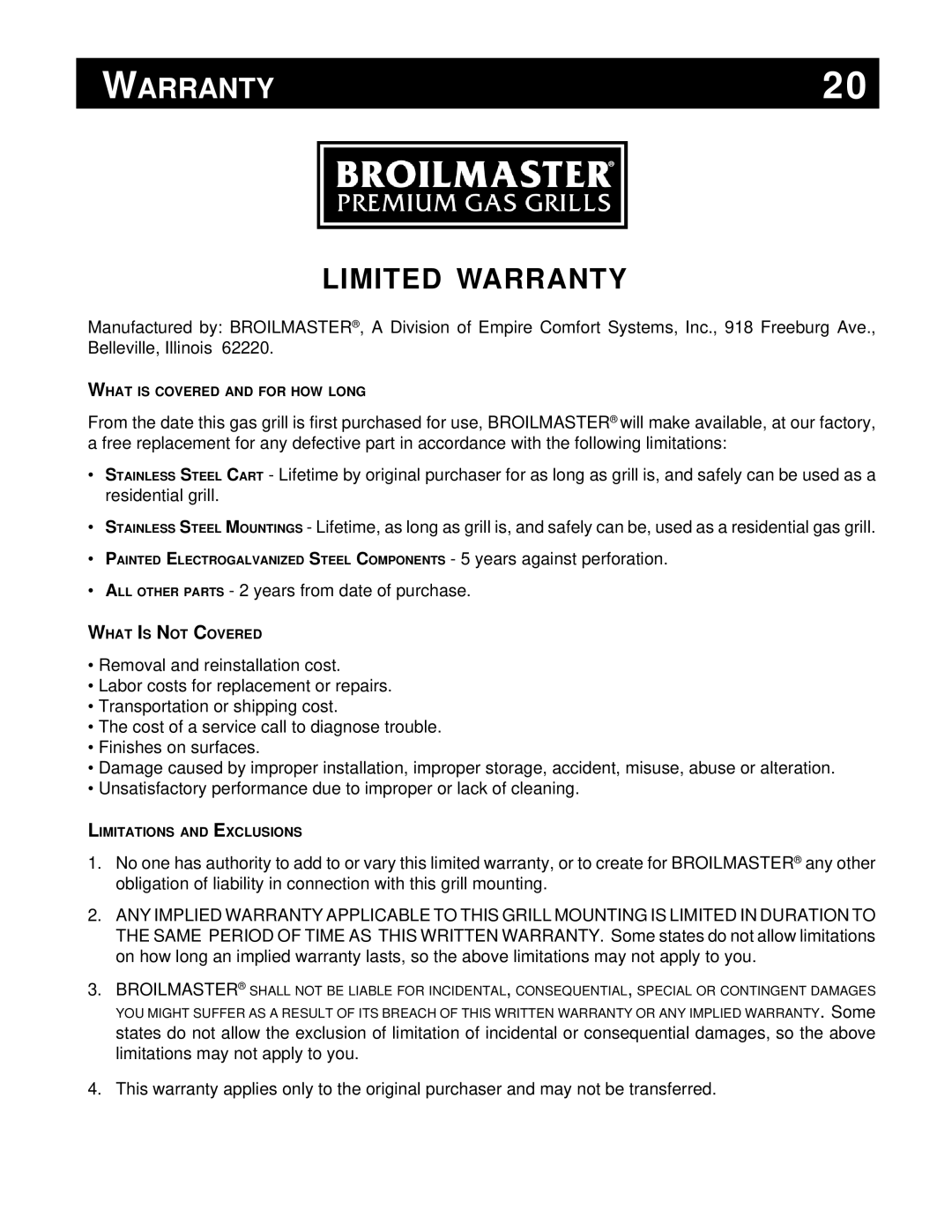 Broilmaster U26SS, DC, U48, PB, PC, AND P48 owner manual Limited Warranty 