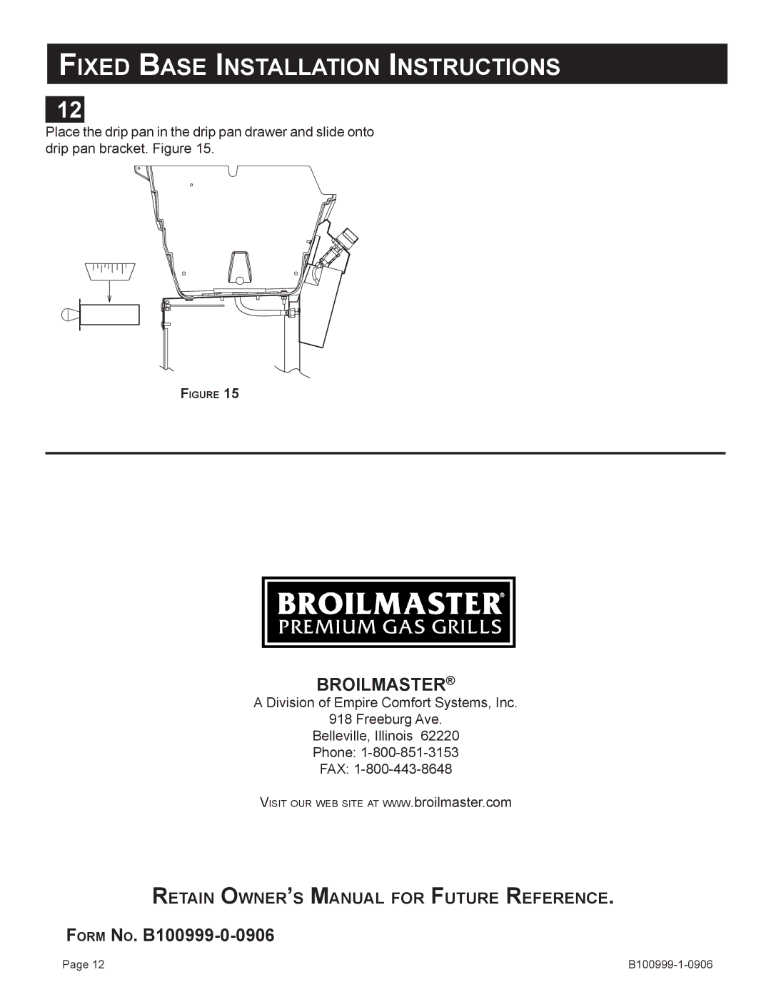 Broilmaster DC2CART-1, PC2CART-1 owner manual Fixed Base Installation Instructions, Broilmaster 