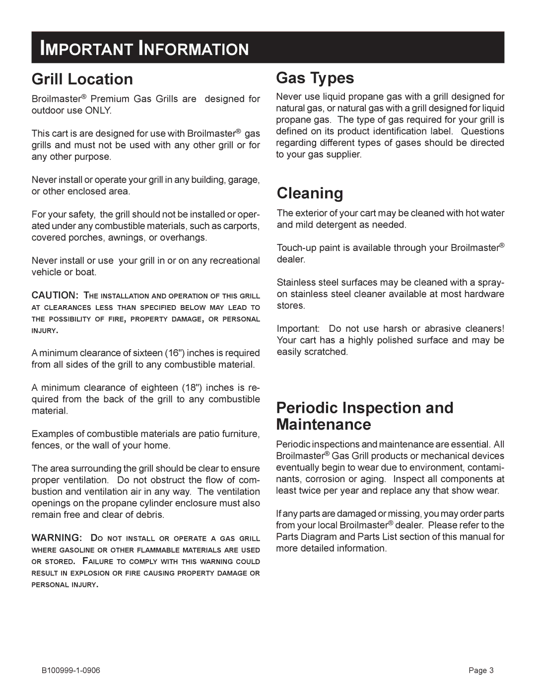 Broilmaster PC2CART-1, DC2CART-1 owner manual Important Information, Grill Location 