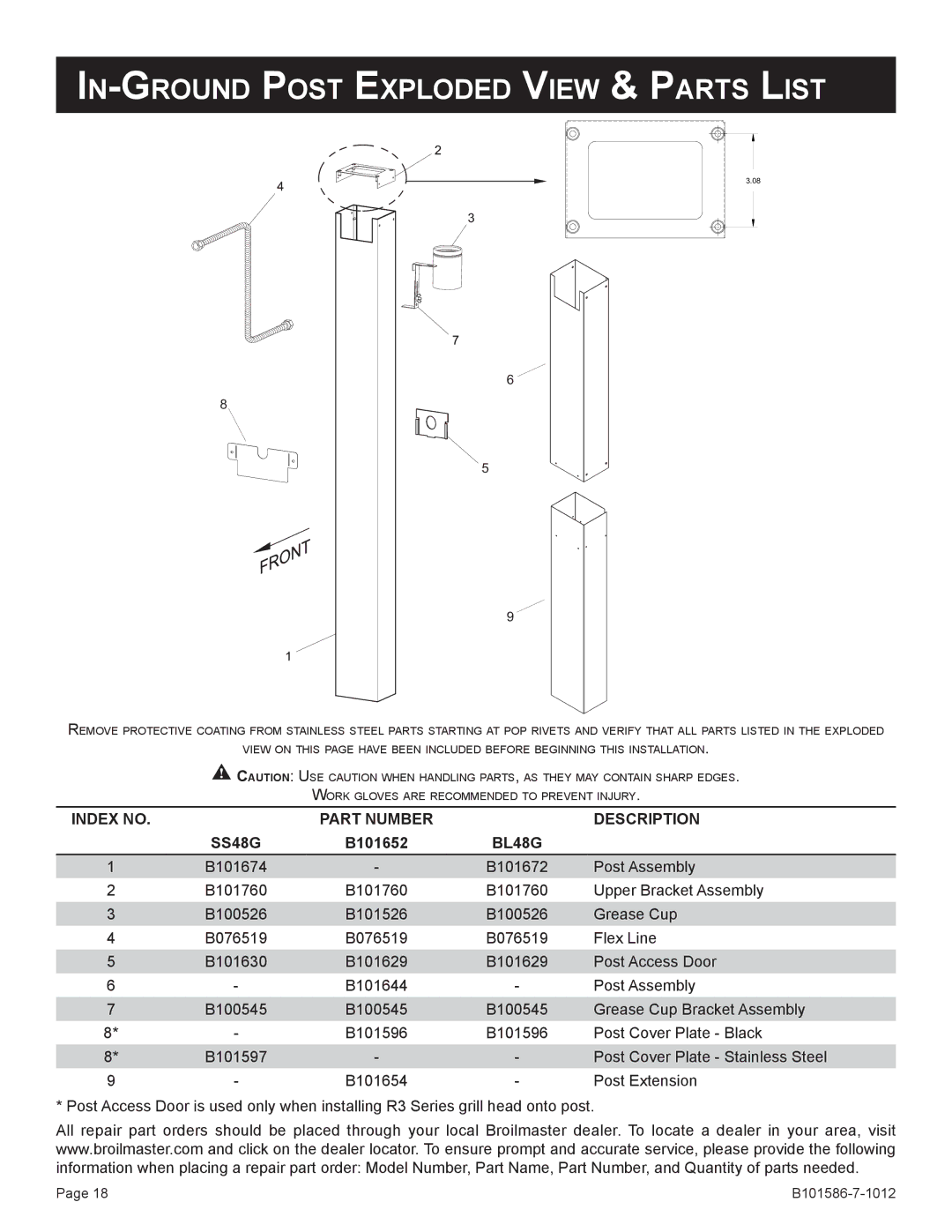 Broilmaster DCB1-2, SS26P-1, SS48G-1, PCB1-2, BL26P-1, B101652 owner manual In-Ground Post Exploded View & Parts List, BL48G 