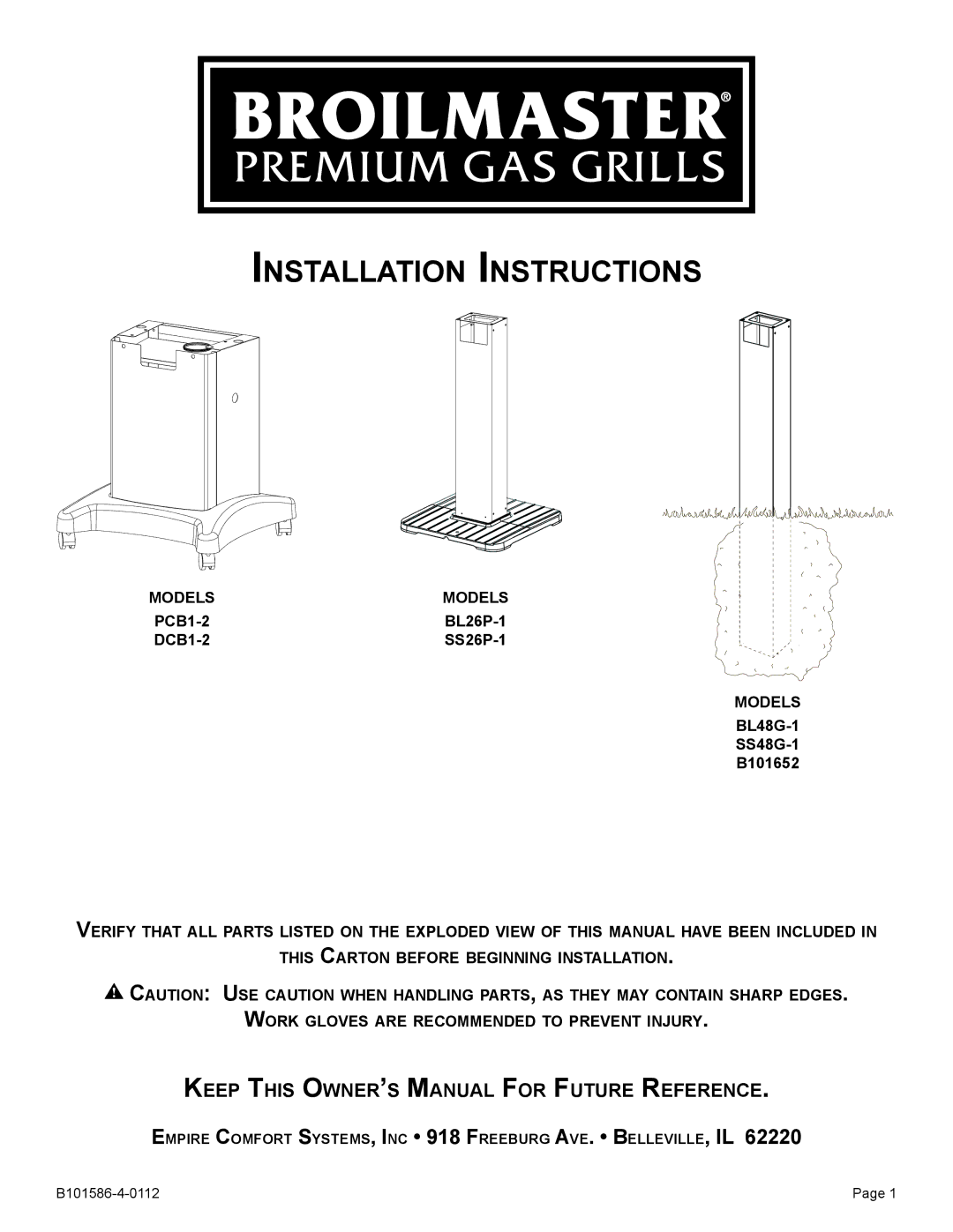 Broilmaster SS26P-1, DCB1-2, SS48G-1, PCB1-2, BL26P-1, BL48G-1, B101652, B101586-4-0112 owner manual Installation Instructions 