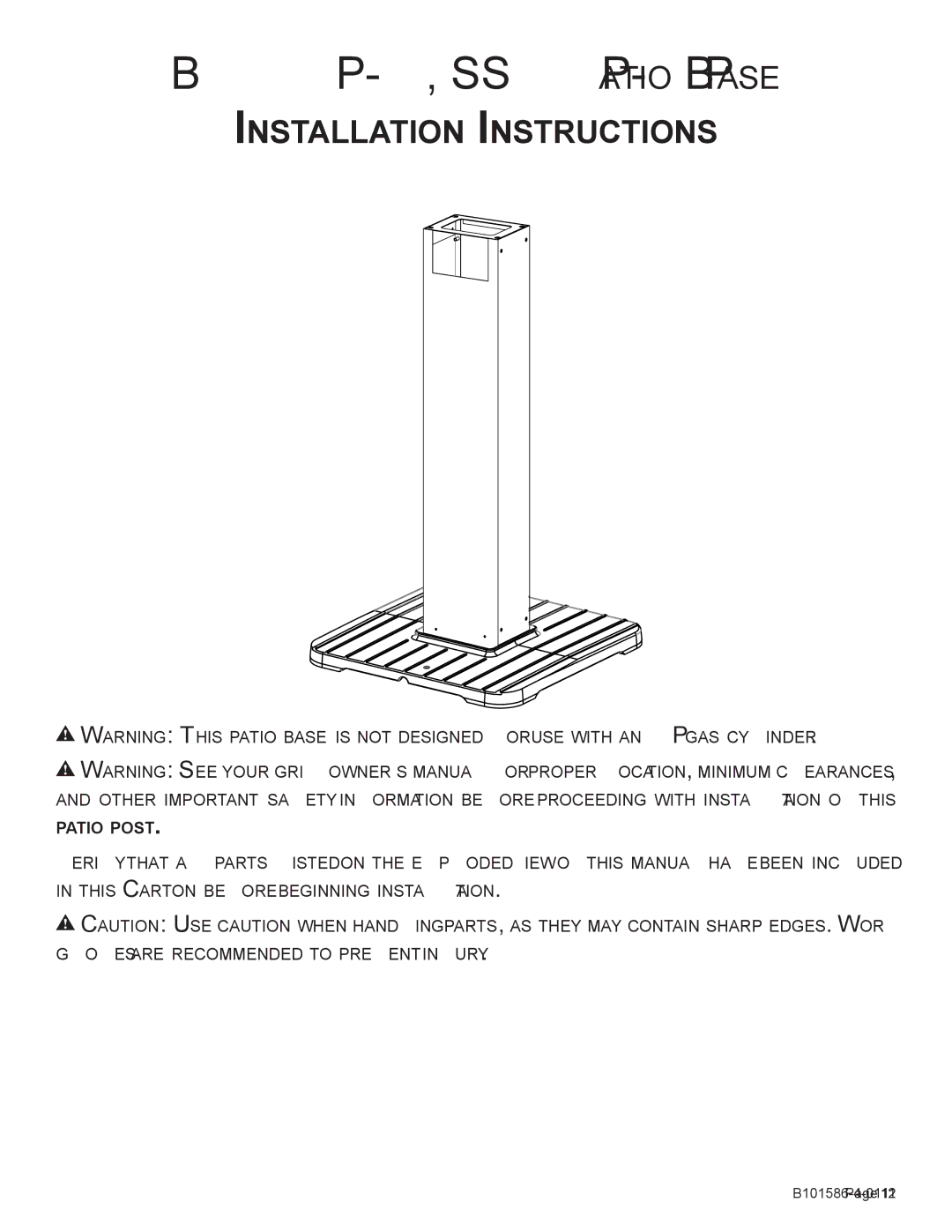 Broilmaster PCB1-2, DCB1-2, SS48G-1, BL48G-1, B101652, B101586-4-0112 owner manual BL26P-1, SS26P-1 Patio Base 