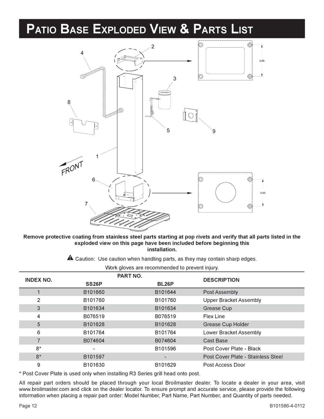 Broilmaster BL26P-1, DCB1-2, SS26P-1, SS48G-1, PCB1-2 Patio Base Exploded View & Parts List, Index no Description SS26P BL26P 