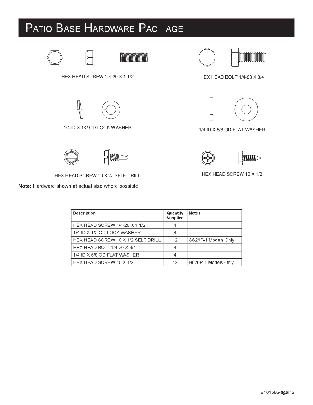 Broilmaster BL48G-1, DCB1-2, SS26P-1 Patio Base Hardware Package, HEX Head Screw 1/4-20 X 1 1/2 HEX Head Bolt 1/4-20 X 3/4 