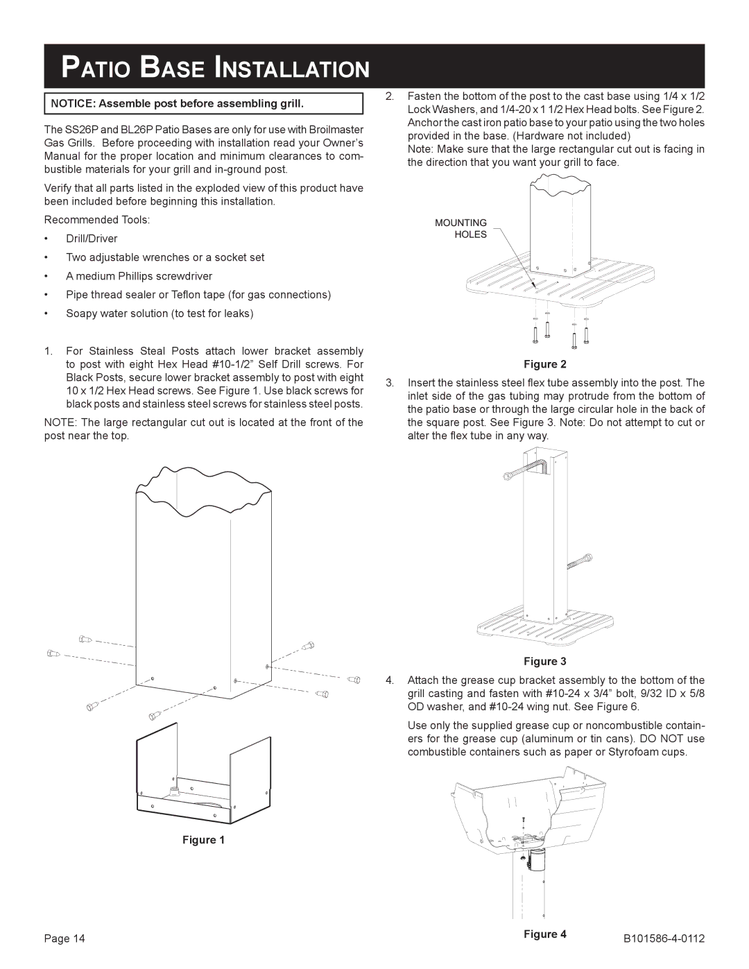 Broilmaster B101652, DCB1-2, SS26P-1, SS48G-1, PCB1-2, BL26P-1, BL48G-1, B101586-4-0112 owner manual Patio Base Installation 