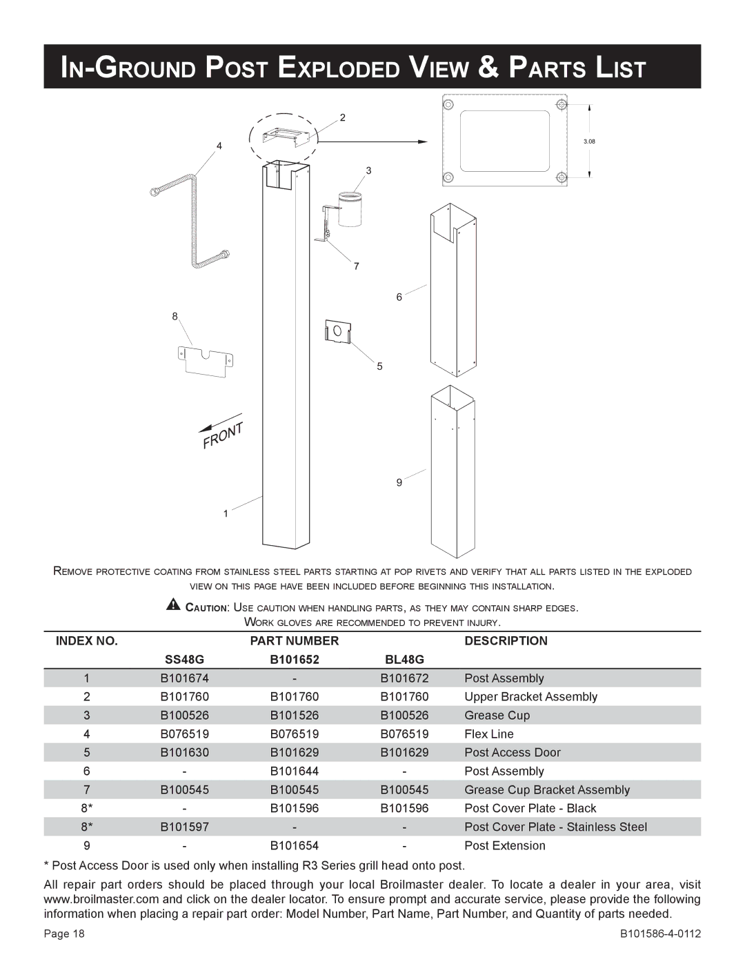 Broilmaster SS48G-1, DCB1-2, SS26P-1, PCB1-2, BL26P-1, BL48G-1, B101652 In-Ground Post Exploded View & Parts List 