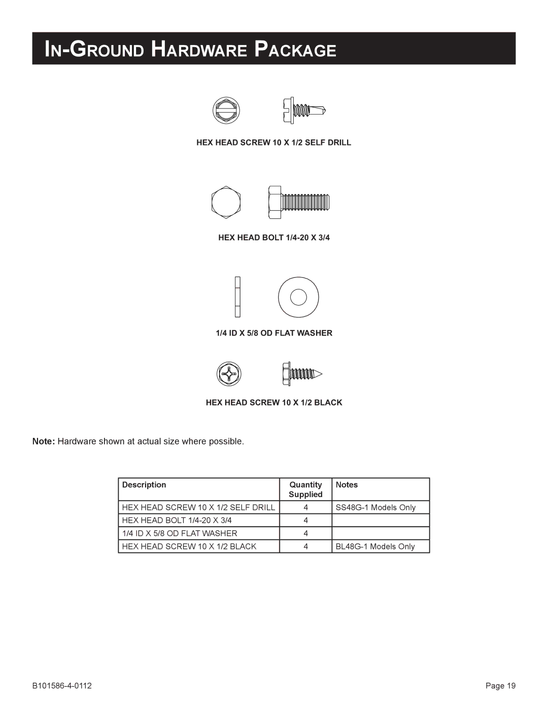 Broilmaster PCB1-2, DCB1-2, SS26P-1, SS48G-1, BL26P-1, BL48G-1 In-Ground Hardware Package, Description Quantity Supplied 