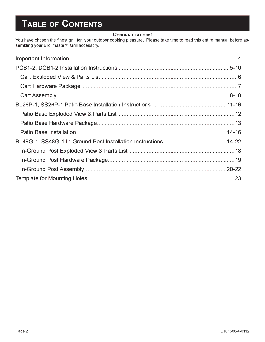 Broilmaster SS48G-1, DCB1-2, SS26P-1, PCB1-2, BL26P-1, BL48G-1, B101652, B101586-4-0112 owner manual Table of Contents 