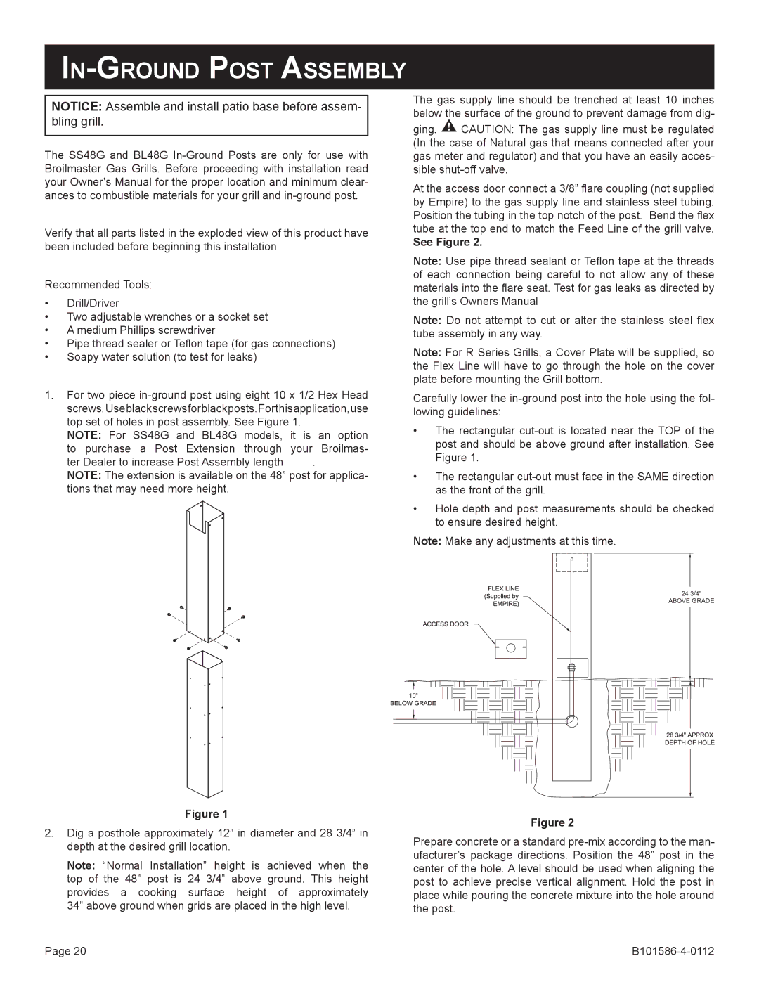 Broilmaster BL26P-1, DCB1-2, SS26P-1, SS48G-1, PCB1-2, BL48G-1, B101652, B101586-4-0112 In-Ground Post Assembly, See Figure 