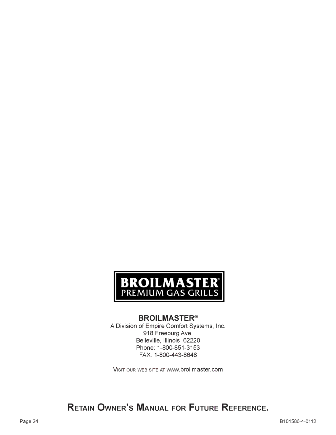 Broilmaster DCB1-2, SS26P-1, SS48G-1, PCB1-2, BL26P-1, BL48G-1, B101652, B101586-4-0112 owner manual Broilmaster 