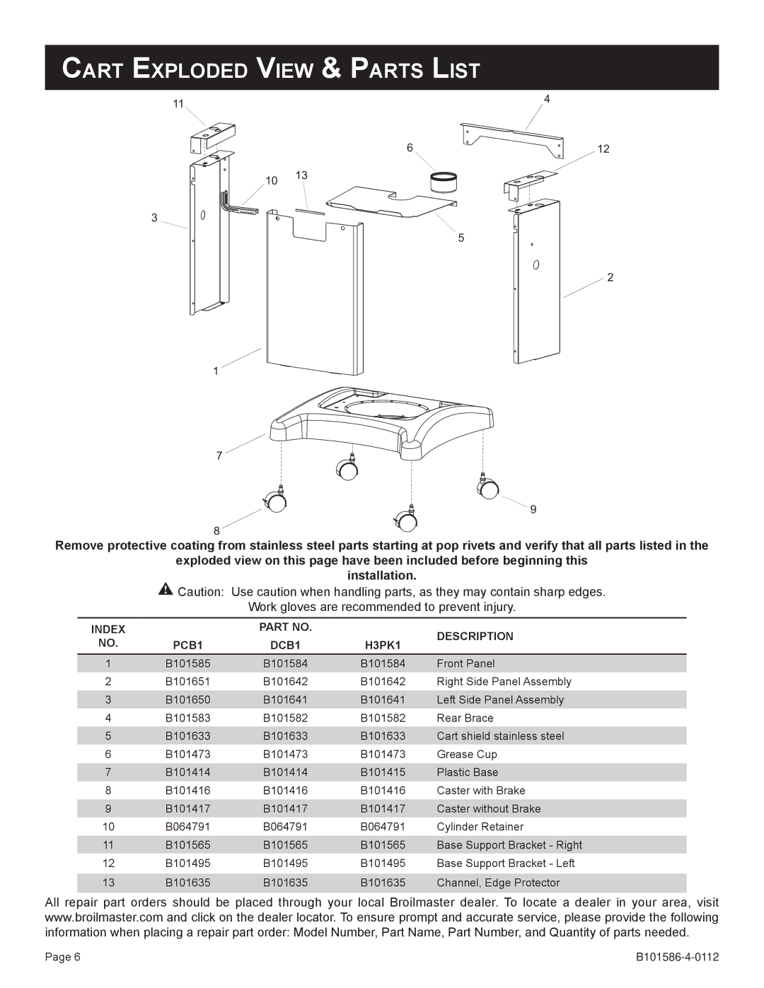 Broilmaster B101652, DCB1-2, SS26P-1, SS48G-1 Cart Exploded View & Parts List, Work gloves are recommended to prevent injury 