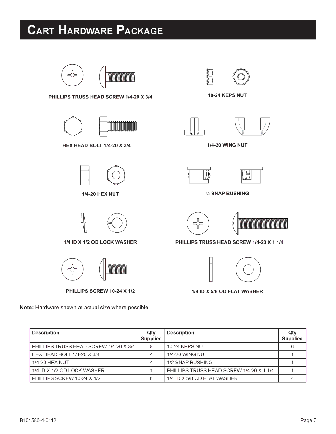 Broilmaster B101586-4-0112, DCB1-2, SS26P-1 Cart Hardware Package, HEX Head Bolt 1/4-20 X 3/4 HEX NUT, Keps NUT Wing NUT 