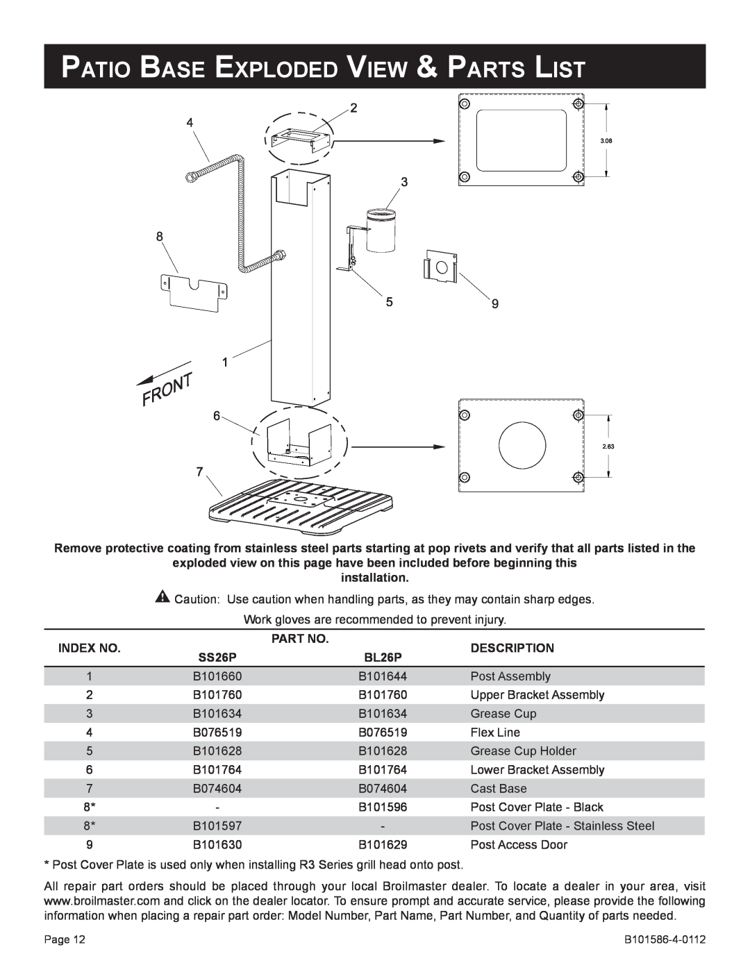 Broilmaster BL26P-1, DCB1-2, SS26P-1, SS48G-1 Patio Base Exploded View & Parts List, installation, Index No, Description 