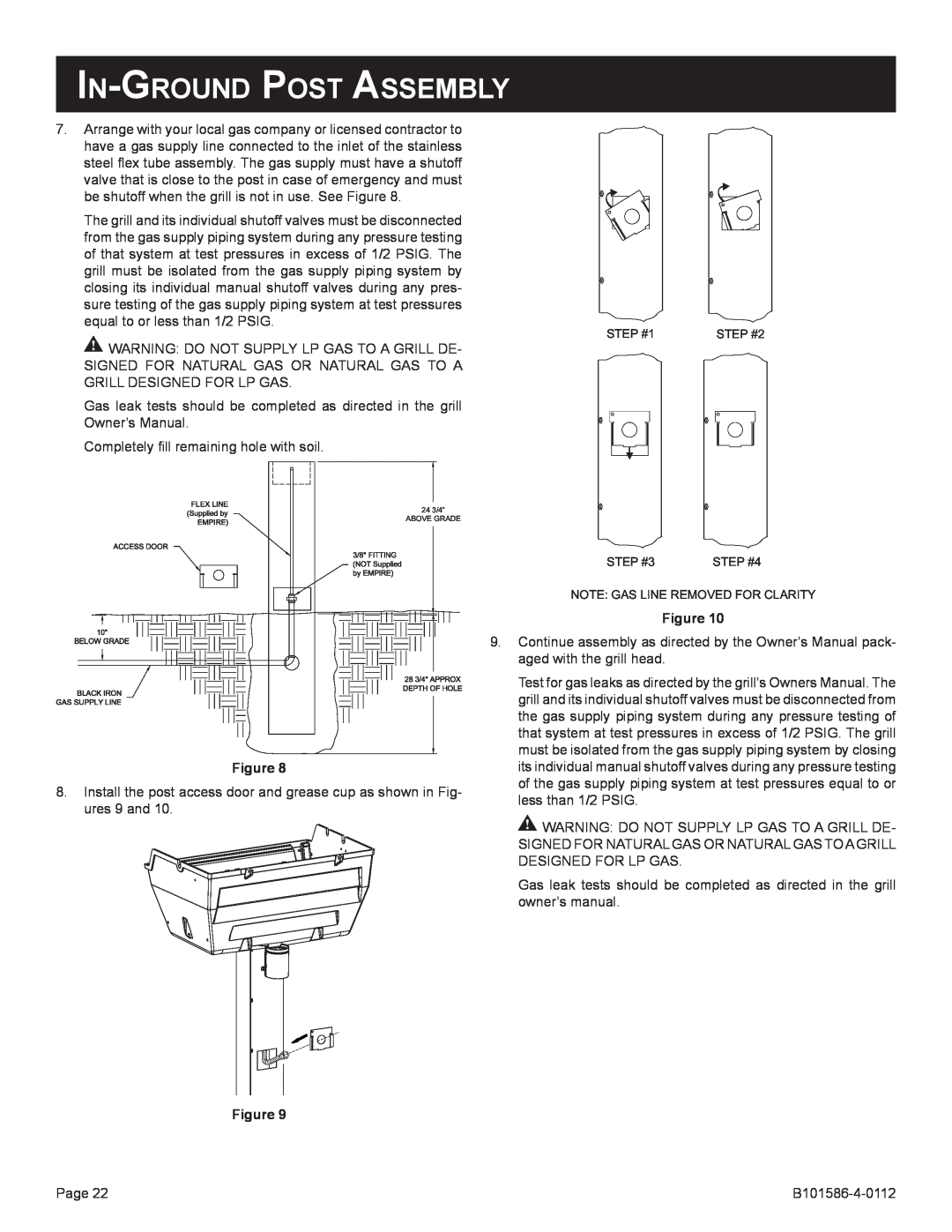 Broilmaster B101652, DCB1-2 In-Ground Post Assembly, STEP #1, STEP #3 STEP #4 NOTE GAS LINE REMOVED FOR CLARITY, STEP #2 