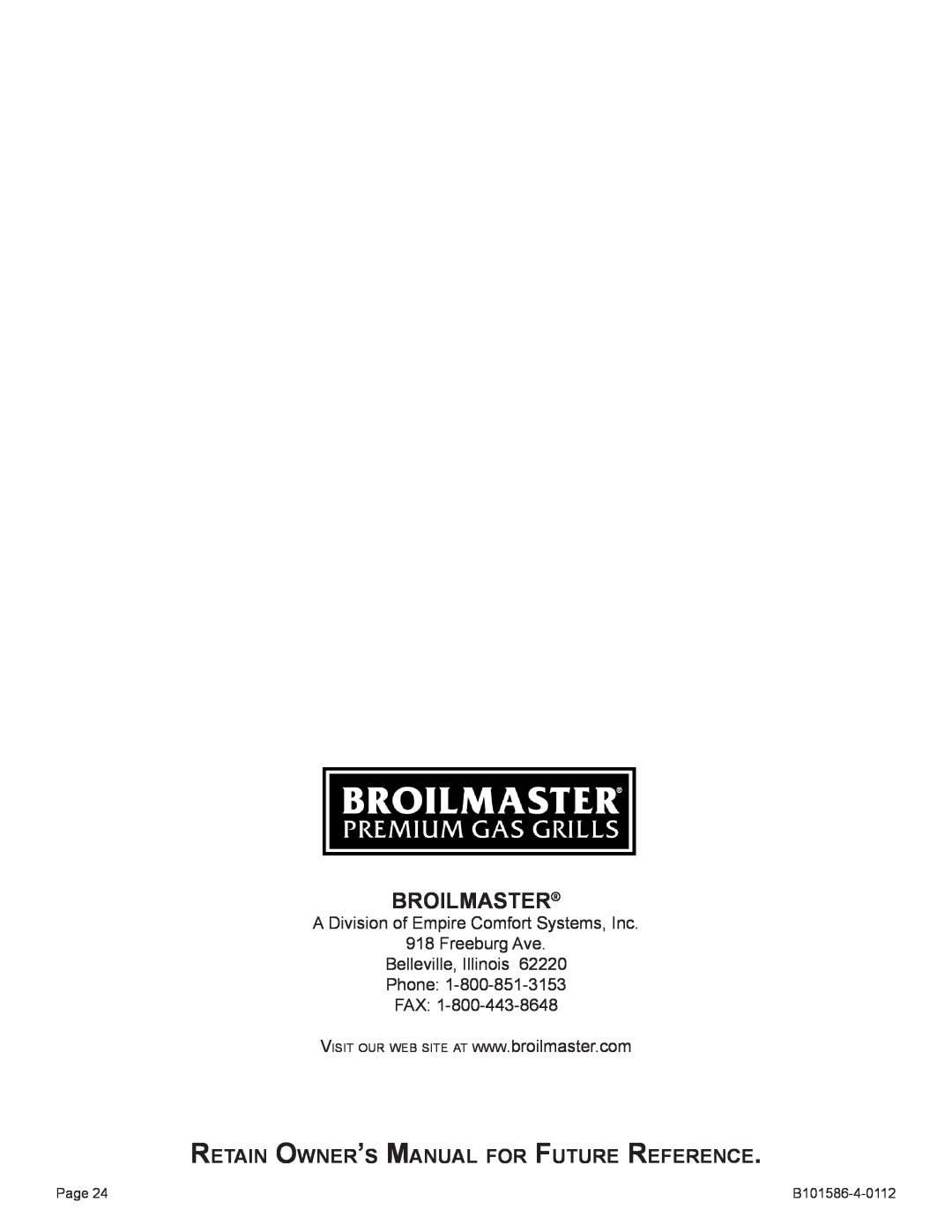 Broilmaster DCB1-2, SS26P-1, SS48G-1, PCB1-2, BL26P-1, BL48G-1, B101652 Broilmaster, Retain Owner’s Manual for Future Reference 
