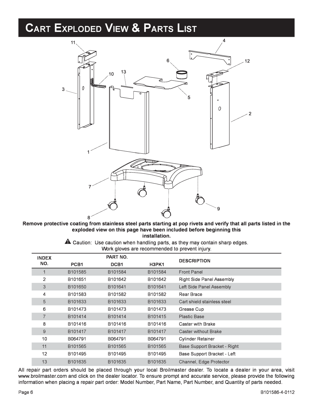 Broilmaster B101652 Cart Exploded View & Parts List, exploded view on this page have been included before beginning this 