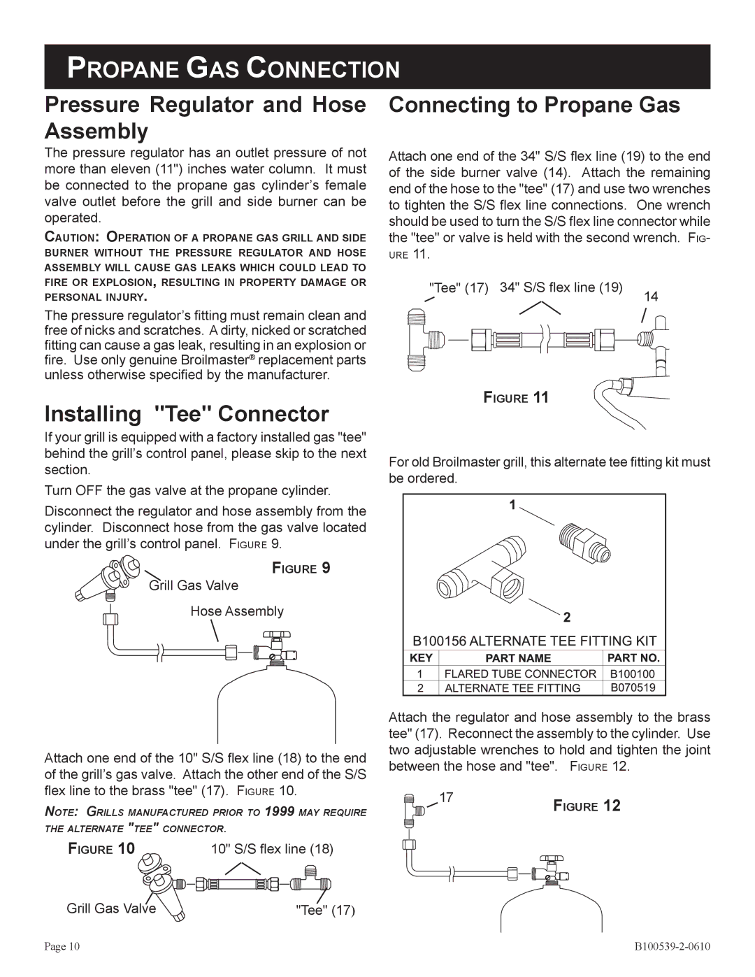 Broilmaster DPSBSS-1 owner manual Pressure Regulator and Hose Assembly, Installing Tee Connector, Connecting to Propane Gas 