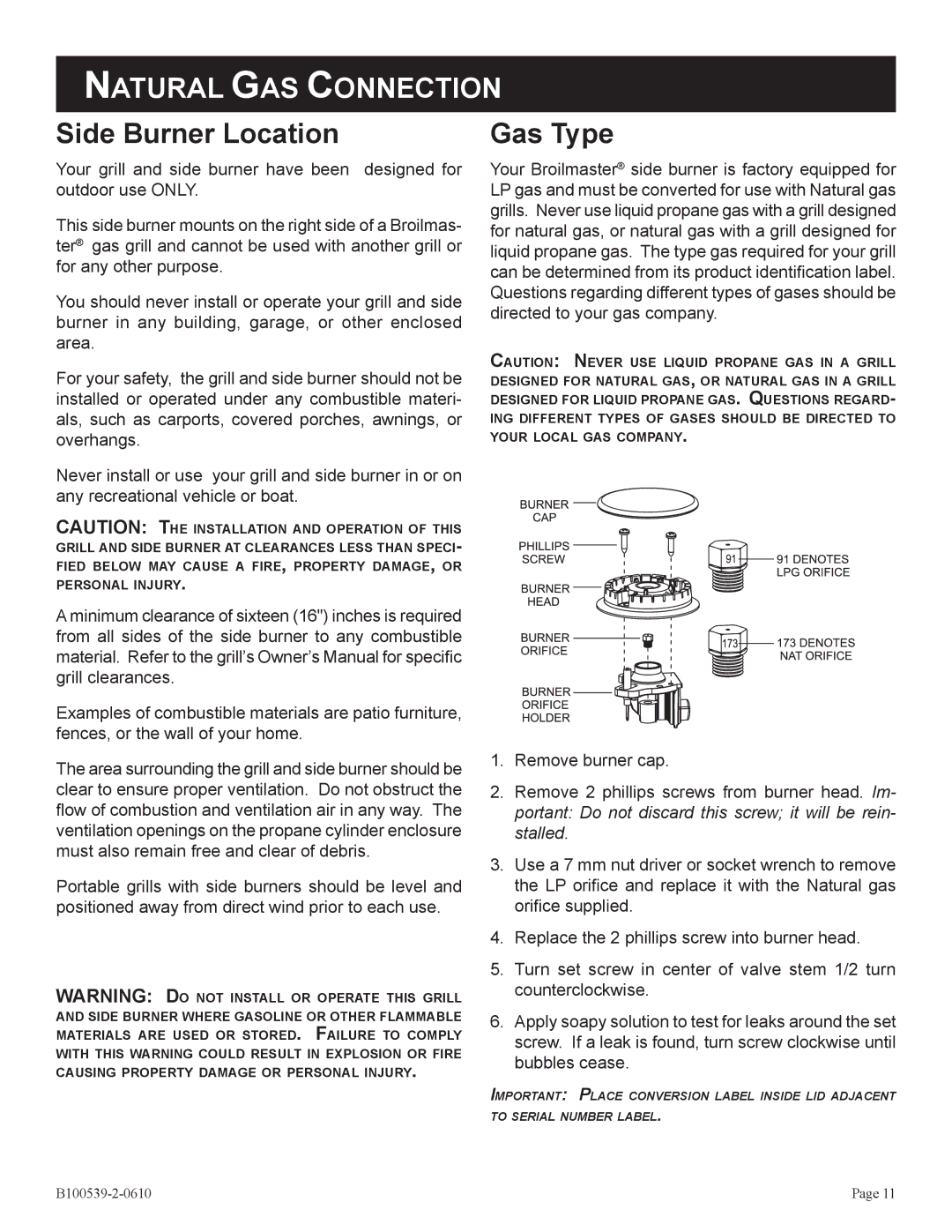 Broilmaster DPSBSS-1 owner manual Natural GAS Connection 