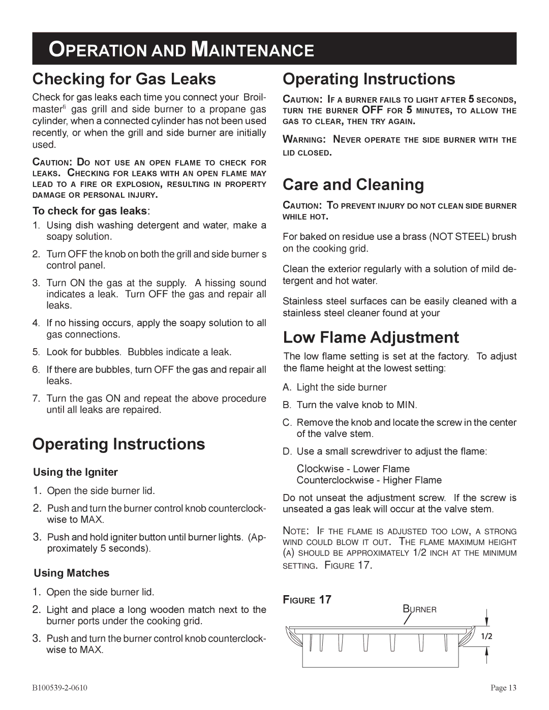 Broilmaster DPSBSS-1 Checking for Gas Leaks, Operating Instructions Care and Cleaning, Low Flame Adjustment 