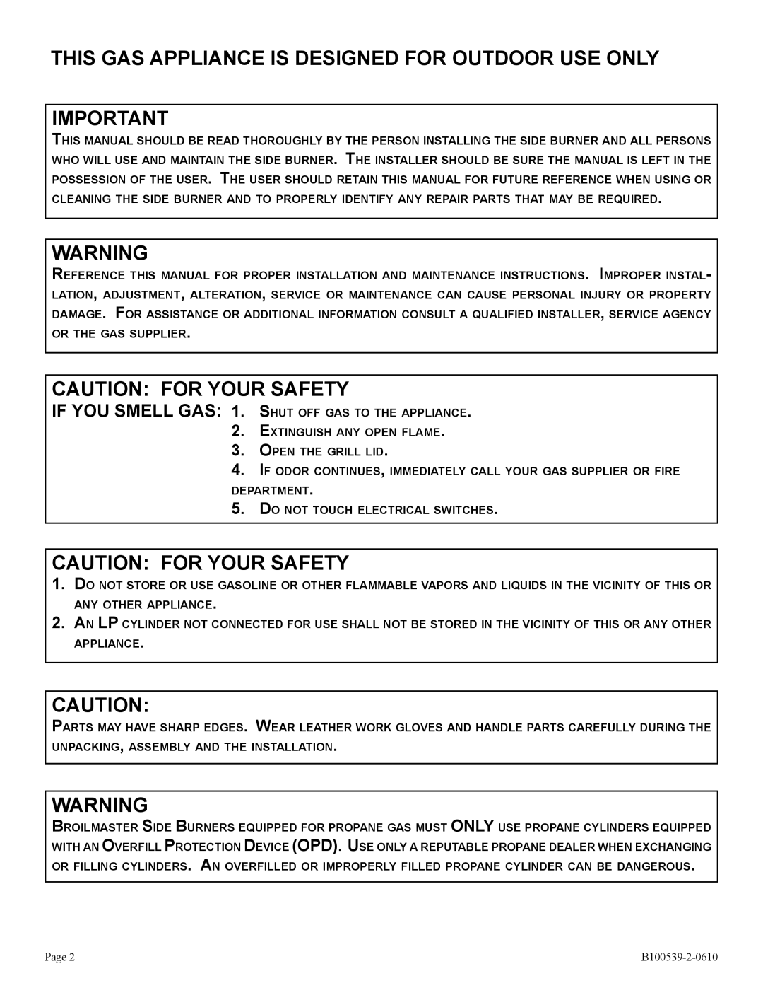 Broilmaster DPSBSS-1 owner manual This GAS Appliance is Designed for Outdoor USE only 