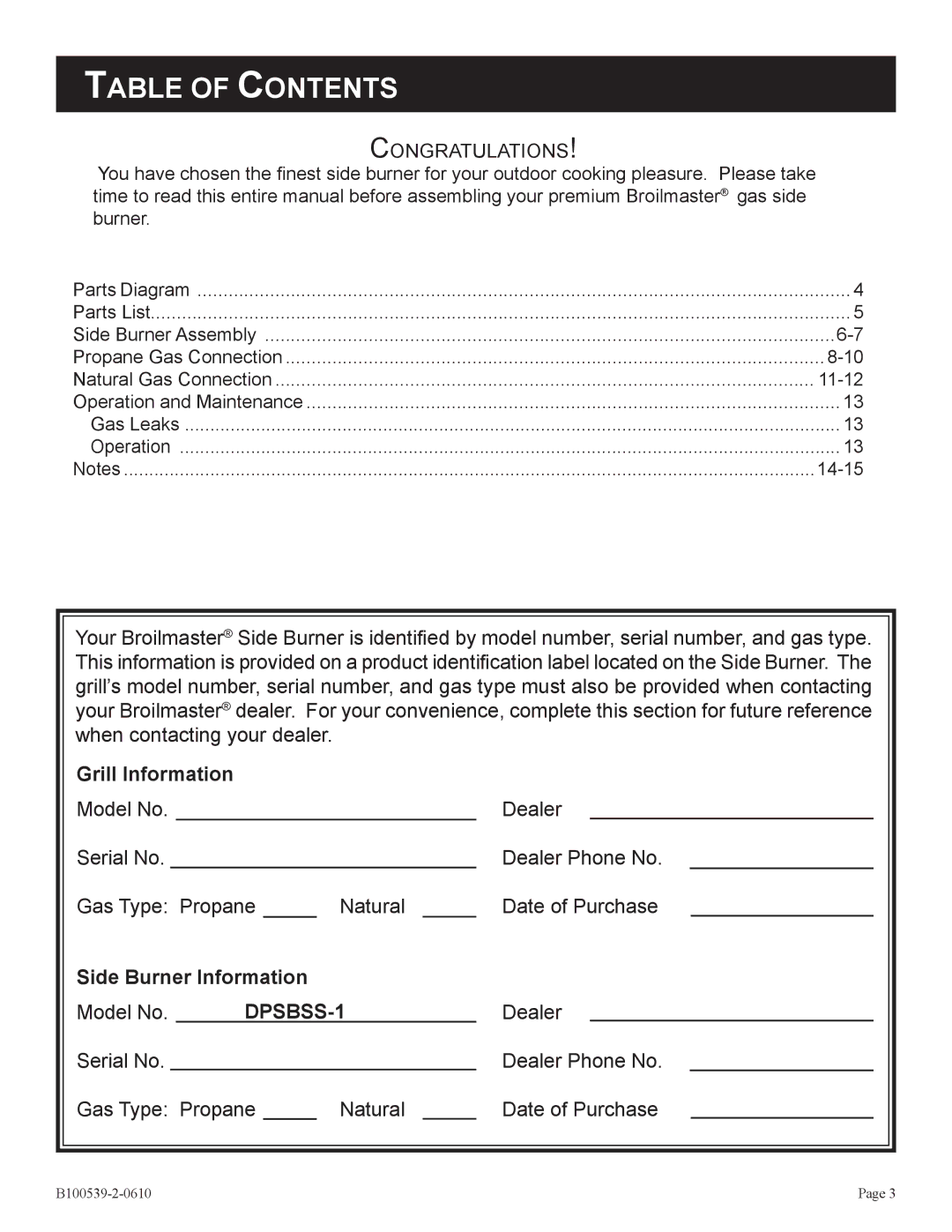 Broilmaster DPSBSS-1 owner manual Table of Contents 