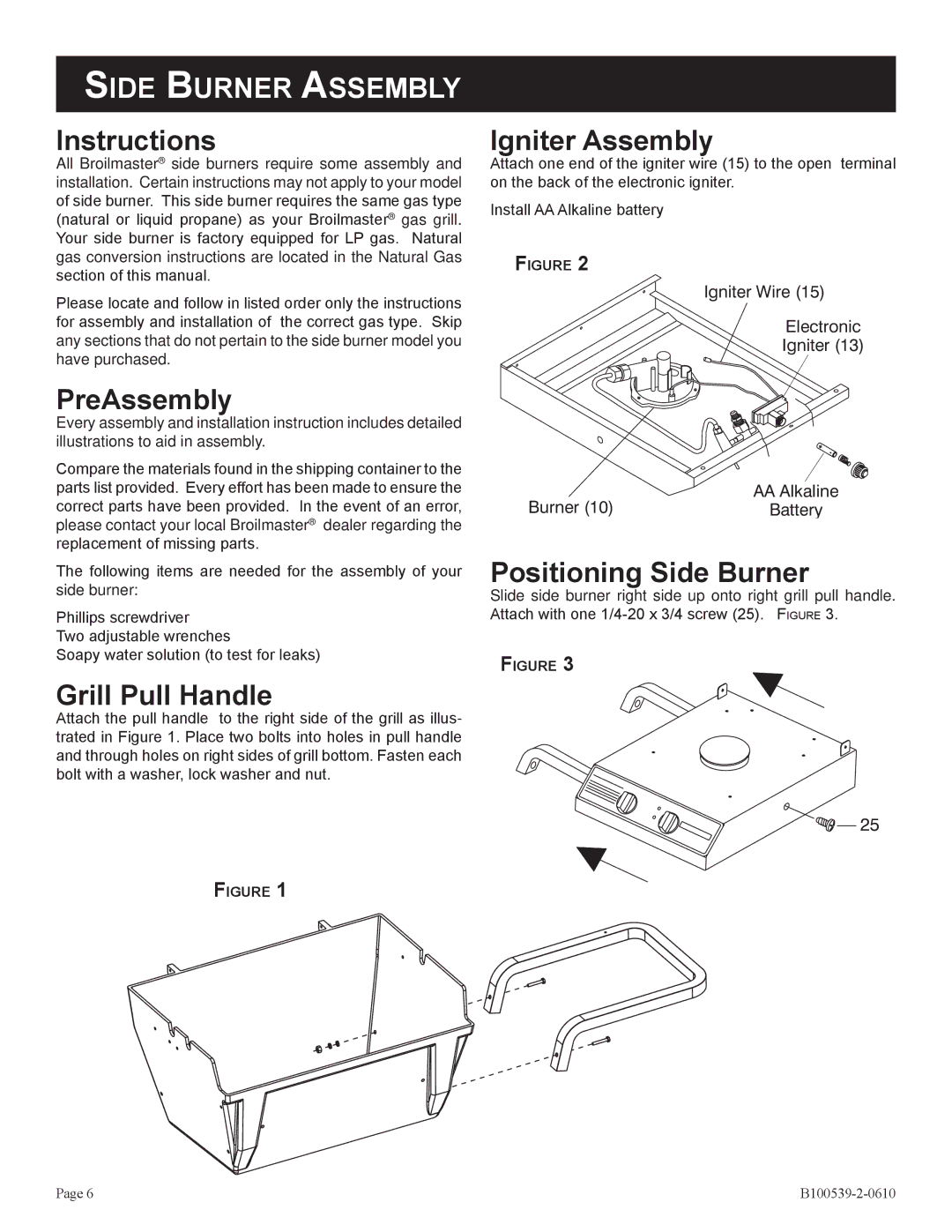 Broilmaster DPSBSS-1 owner manual Instructions, PreAssembly, Grill Pull Handle, Igniter Assembly, Positioning Side Burner 