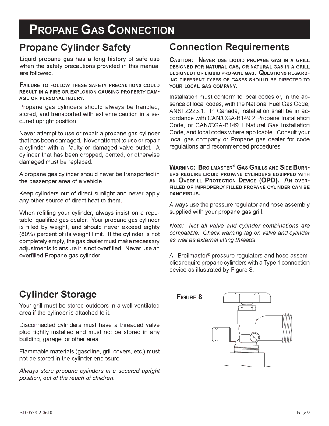 Broilmaster DPSBSS-1 owner manual Propane Cylinder Safety, Cylinder Storage, Connection Requirements 