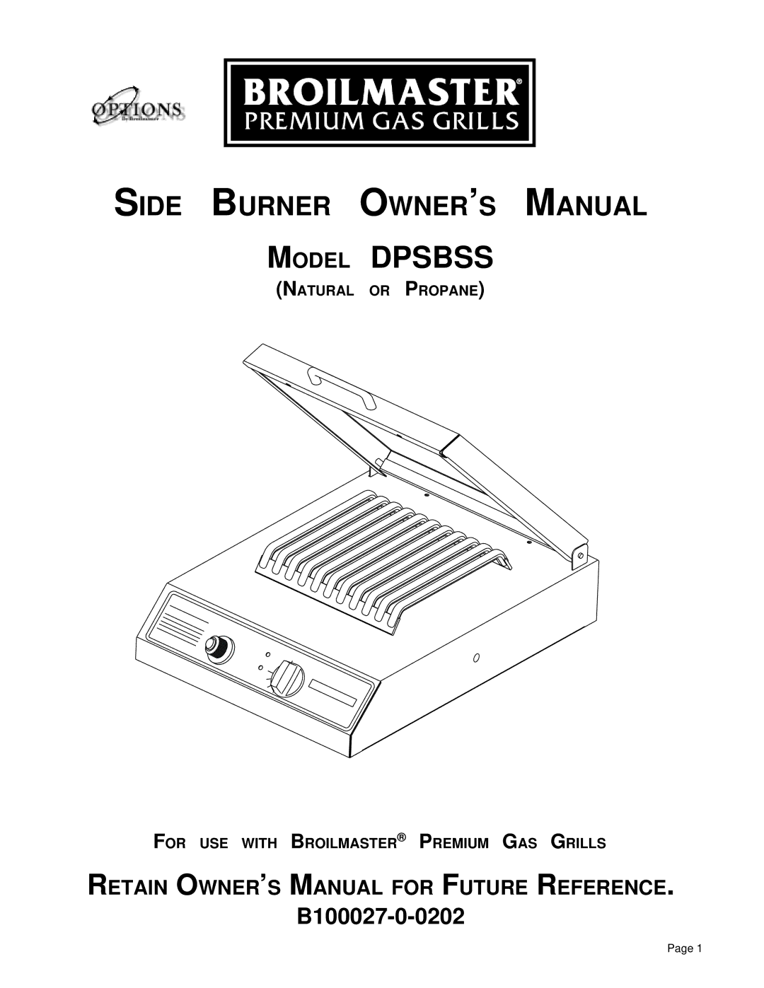 Broilmaster DPSBSS owner manual Model Dpsbss, B100027-0-0202 