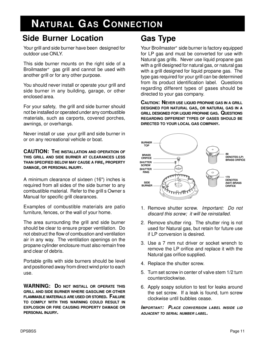 Broilmaster DPSBSS owner manual Natural GAS Connection, Gas Type 