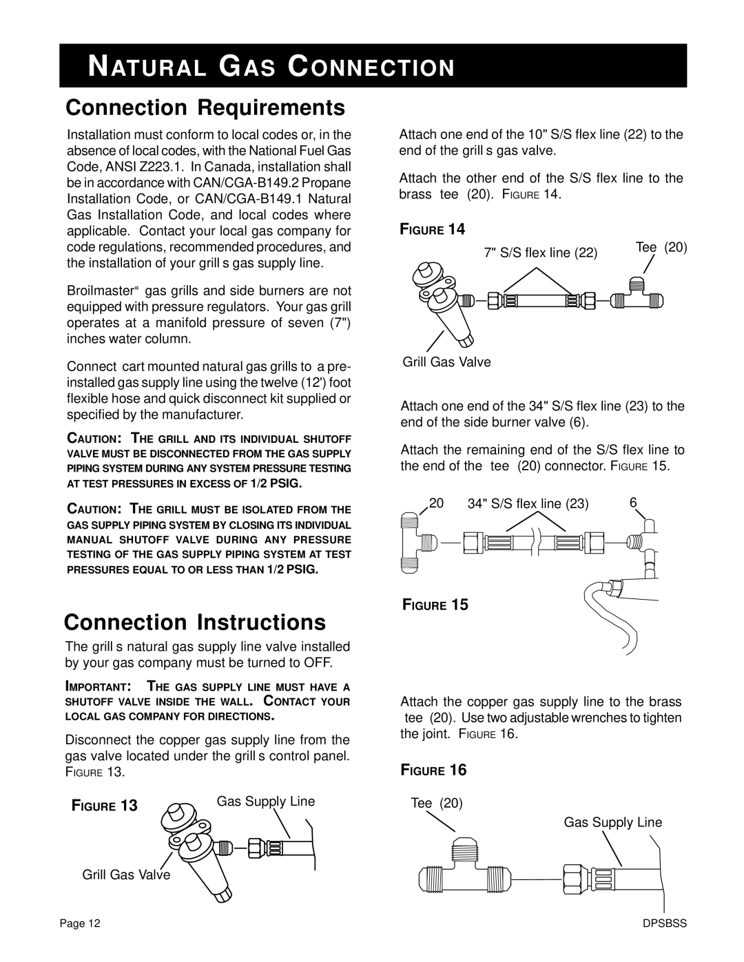 Broilmaster DPSBSS owner manual Connection Instructions, Gas Supply Line 