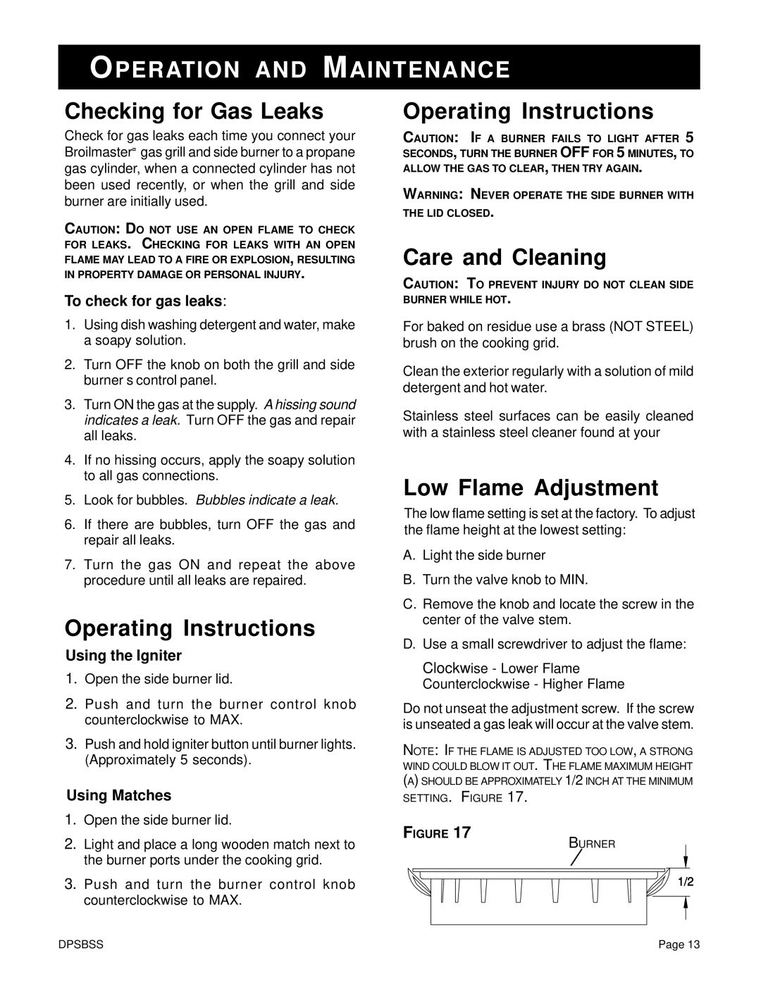 Broilmaster DPSBSS Operation and Maintenance, Checking for Gas Leaks, Operating Instructions, Low Flame Adjustment 