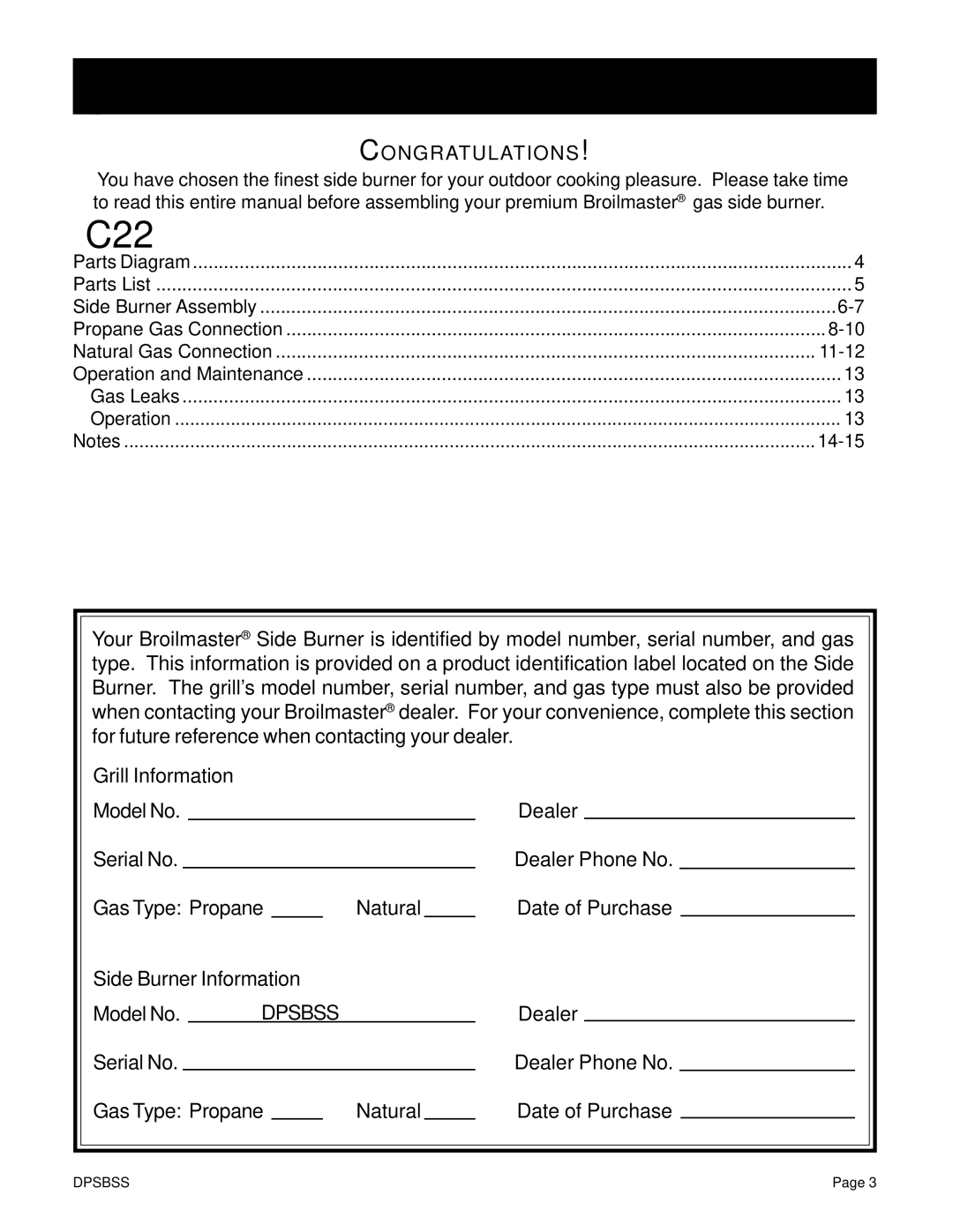 Broilmaster DPSBSS owner manual Table of Contents 