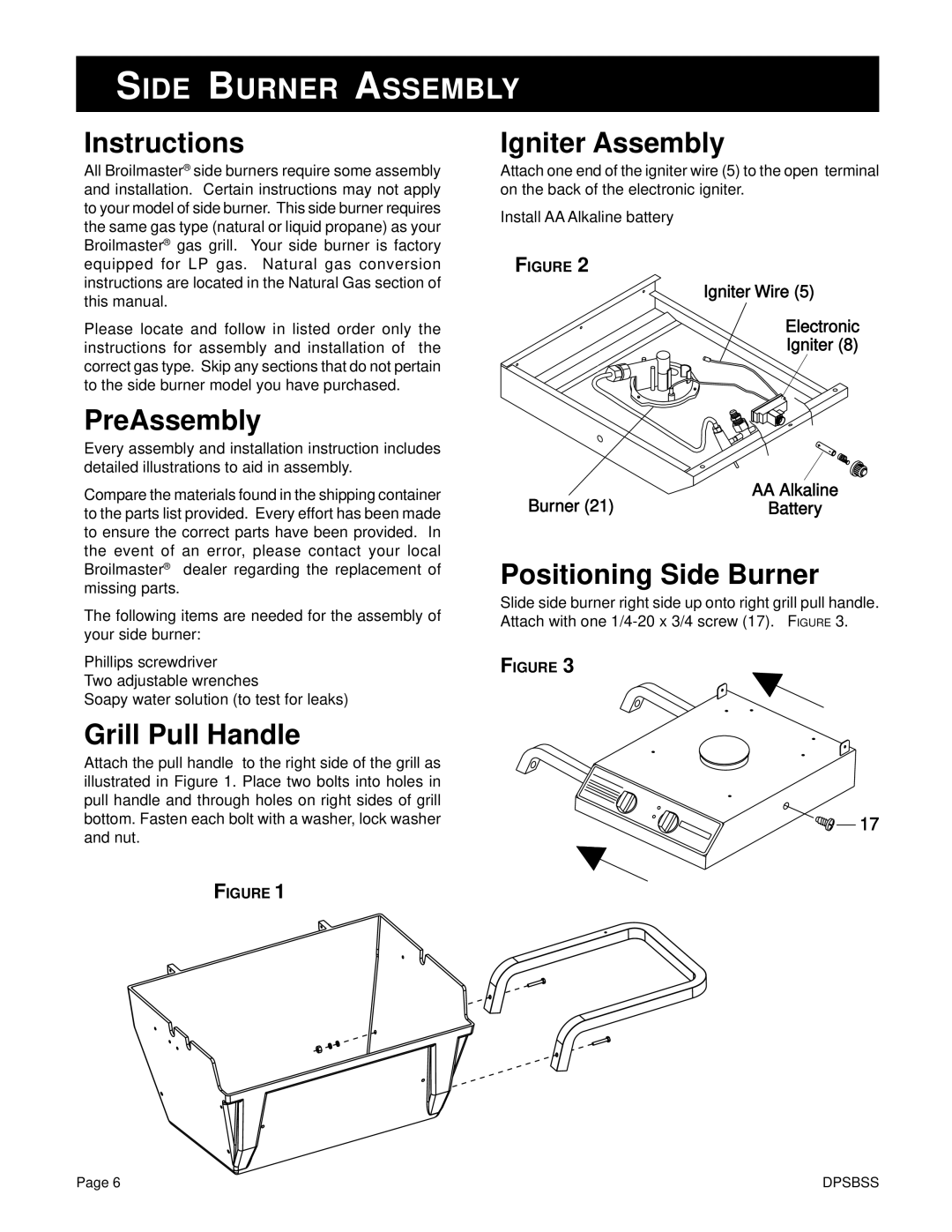 Broilmaster DPSBSS owner manual Side Burner Assembly 