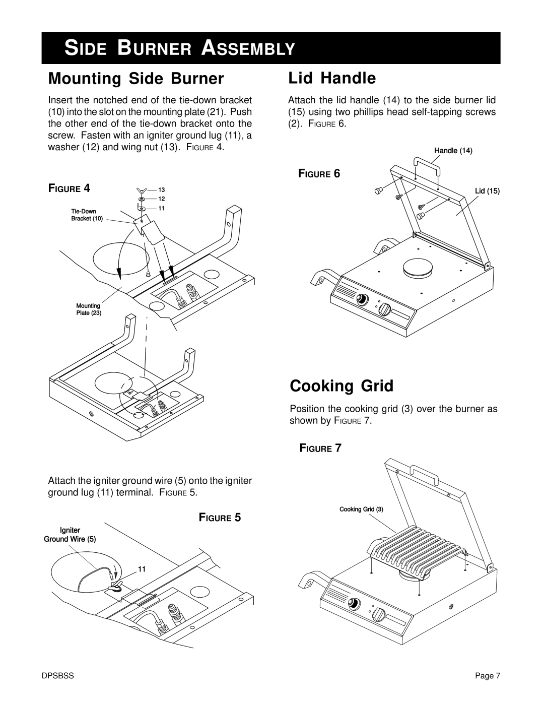 Broilmaster DPSBSS owner manual Mounting Side Burner, Lid Handle, Cooking Grid 