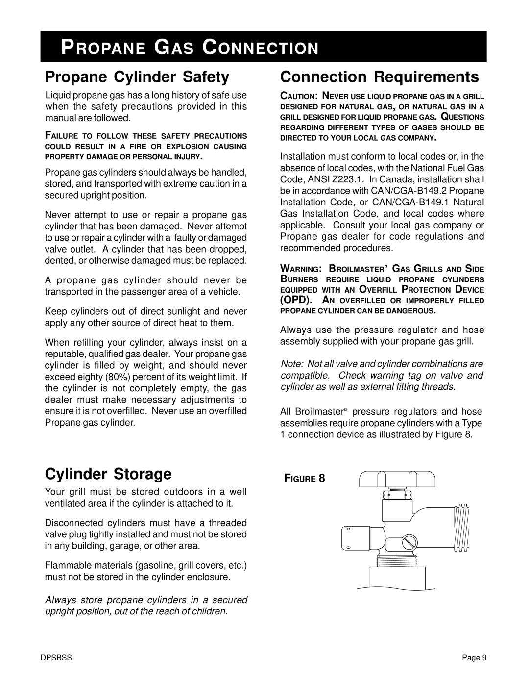 Broilmaster DPSBSS owner manual Propane Cylinder Safety, Cylinder Storage, Connection Requirements 