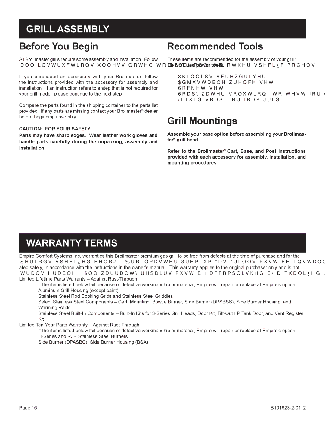 Broilmaster H4PK-1, H4XN-1, H3XPK-1 Grill Assembly, Before You Begin, Recommended Tools, Grill Mountings, Warranty Terms 