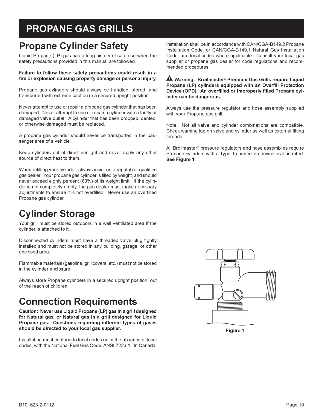 Broilmaster H4X-1, H4XN-1, H3XPK-1, H4PK-1 Propane Cylinder Safety, Cylinder Storage, Connection Requirements, See Figure 