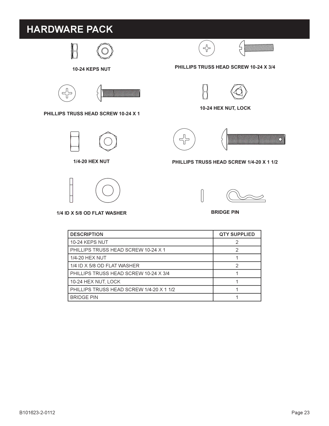 Broilmaster P3XFN-1 Hardware Pack, Phillips Truss Head Screw 10-24 X 3/4, HEX NUT, Lock Phillips Truss Head Screw 10-24 X 