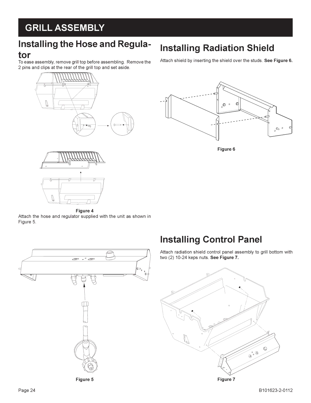 Broilmaster P3XN-1, H4XN-1 manual Installing the Hose and Regula- tor, Installing Radiation Shield, Installing Control Panel 