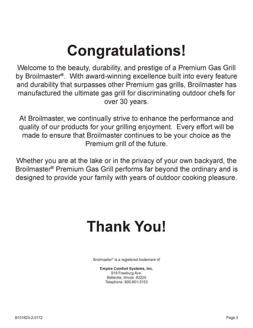 Broilmaster H3XN-1, H4XN-1, H3XPK-1, H4PK-1, H3X-1, H4X-1, P4XN-1, P4X-1, P4XF-1 Congratulations, Empire Comfort Systems, Inc 