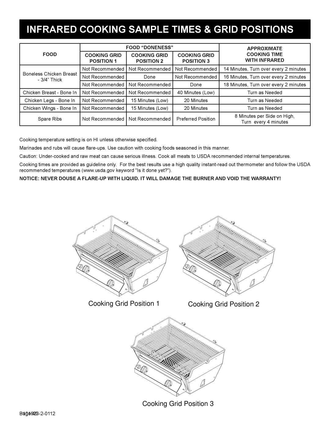 Broilmaster H3X-1, H4XN-1, H3XPK-1, H4PK-1, H3XN-1, H4X-1, P4XN-1, P4X-1, P4XF-1, P3XFN-1, P3XN-1, P3XF-1 manual Cooking Grid Position 